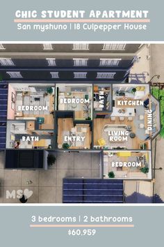 the floor plan for an apartment with three bedroom and two bathroom units in each room