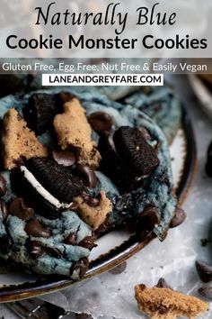 a plate with cookies on it and the title reads naturally blue cookie monster cookies gluten free, egg free, no - bake & easy vegan