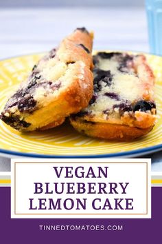 two blueberry lemon cake muffins on a yellow plate