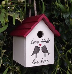 a birdhouse with two birds on it's side and the words love birds live here