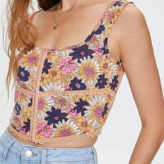 Knit Tank Top Featuring An Allover Floral Print, Scoop-Cut Neck And Back, Shoulder Straps, Front Hook-And-Eye Closures, Floral Lace Trim, And A Cropped Hem. New Forever 21 Trendy Fitted Floral Print Tank Top, Trendy Cotton Floral Print Crop Top, Casual Floral Print Crop Top Tank, Forever 21 Floral Print Crop Top For Vacation, Forever 21 Cropped Tank Top, Forever 21 Floral Print Summer Crop Top, Forever 21 Sleeveless Floral Print Top, Forever 21 Summer Floral Print Crop Top, Forever 21 Floral Print Crop Top For Day Out