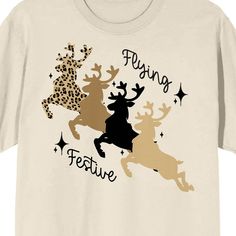 Soar into style this holiday season with this Christmas Shapes tee. The shirt features a cheetah print reindeer, a brown reindeer, a black reindeer, and a tan reindeer while black letters spell out, "Festive Flying." The tee comes in a natural short sleeve crew neck. Fans of the Christmas season will love this comfy cotton t-shirt. Natural Women, Black Letter, Sleeves (women), Cheetah Print, Christmas Seasons, Cotton Tshirt, Holiday Season, Crew Neck, Festival