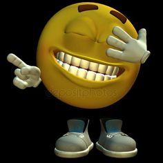 an emoticive smiley face with two thumbs up and one hand on his hip