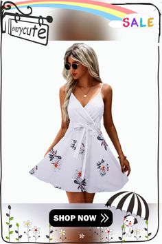 White Floral Splicing Tie Waist Mini Dress Dresses By Length, Mini Dresses, Women Dresses, Women's Fashion Dresses, Dresses Mini, Short Dresses, Fashion Dresses, Shop Now, Mini Dress