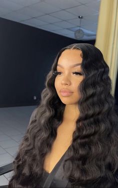 Wigs For Black Women Wavy, Sew In Hairstyles Curly Long, Krimped Hairstyles Wig, Curly Hair Elegant, Wavy Middle Part Wig, Wavy Wigs For Black Women, Mermaid Waves Black Women, Crimped Hair Black Women, Crimp Curls