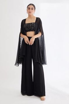 Shop for Lavanya Ahuja Black Georgette Scallop Cape And Pant Set for Women Online at Aza Fashions Pallazo Outfits, Black Plazo, Black Palazzo Pants Outfit, Top And Plazo, Crop Top Wedding Dress, Embroidery Square, Cape Set, Embroidered Crop Tops, New Address