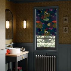 a bathroom with a sink, radiator and wallpapered walls in the background