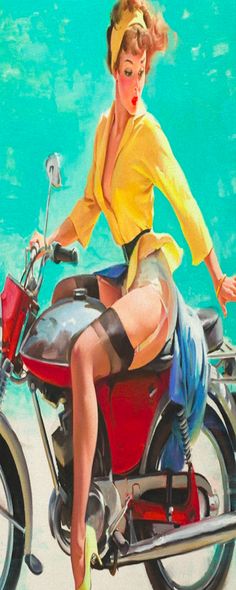 a painting of a woman on a motorcycle