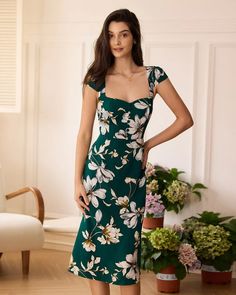 The Green Sweetheart Neck Cap Sleeve Floral Midi Dress & Reviews - Green - Dresses | RIHOAS Midi Dress Green, Elegant Fabric, Athleisure Tops, Embroidered Wedding, Flowing Skirt, Mom Dress, Green Midi Dress, Natural Curves, Sweetheart Neck