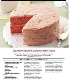 the recipe for a strawberry cake is shown in this magazine page, with information about how to make it