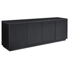 a black cabinet with doors and drawers on the bottom, in front of a white background