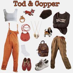 an assortment of clothing and accessories displayed in front of a sign that says todd & copper