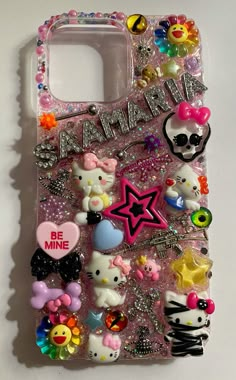 a cell phone case that has many different items on the front and back of it