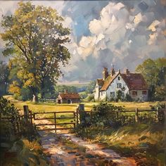 a painting of a country road leading to a house