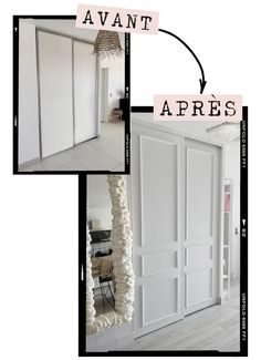 an open closet door with the words avant apres above it and two pictures of doors