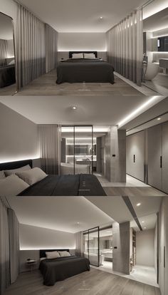 three pictures of a bedroom with white walls and wood flooring, including a bed