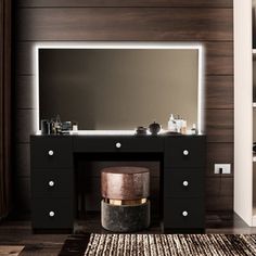 there is a vanity with a mirror and stool next to it on the floor in front of a wooden wall