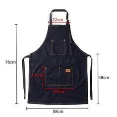 the size and measurements of an apron with pockets on each side, showing how to measure it