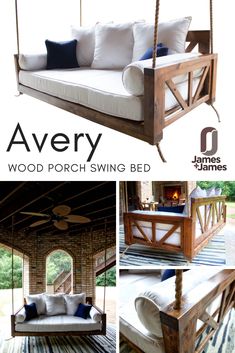 a wooden porch swing bed with white pillows and blue throw pillows on the bottom, along with