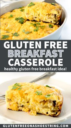 an egg casserole on a white plate with the text gluten free breakfast casserole