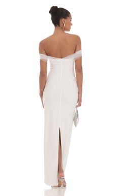 Tulle Off Shoulder Sleeve Maxi Dress in White | LUCY IN THE SKY Chic Crepe Wedding Dress, Chic Crepe Maxi Dress For Wedding, Chic Crepe Wedding Maxi Dress, Chic Wedding Crepe Maxi Dress, Evening White Midi Dress With Tie Back, White Tie Back Midi Dress For Evening, White Tie-back Midi Dress For Evening, White Dress With Tie Back And Straight Neckline, White Crepe Party Dress