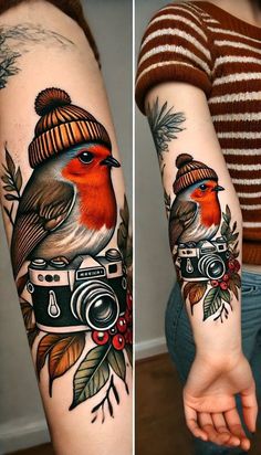 two pictures of birds with hats on their arms, one has a camera and the other has leaves