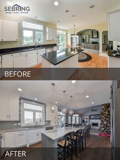 before and after photos of a kitchen remodel with white cabinets, black counter tops, and wood flooring