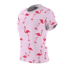 Be a flamingo in a flock full of pigeons. With this cute pink 8-bit flamingo printed tee, you will definitely be able to stand out in a crowd. This fluorescent pink bird-covered tee can be worn on all kinds of occasions: to go to school, while hanging out with friends, or even to sleep in as pajamas. These flamingos know no limits. Product Details Regular Fit T-Shirt Round neck Short sleeves Flamingo print About Me Medium Fabric (0 oz/yd² (170 g/m²)) Tagless Runs true to size 100% Polyester XS S Fitted Pink Printed T-shirt, Pink Printed Short Sleeve T-shirt, Pink All-over Print Crew Neck Tops, Pink Crew Neck Top With All Over Print, Summer Pink Flamingo Print Top, Pink Cotton T-shirt With All Over Print, Fitted Pink T-shirt With Funny Print, Pink Flamingo Print T-shirt For Summer, Casual Crew Neck T-shirt With Flamingo Print