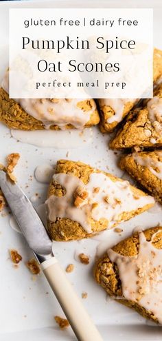 gluten free pumpkin spice oat scones on a plate with a knife