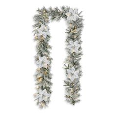 christmas garland with white flowers and lights on the bottom, in front of a white background