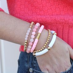 Pink and gold beaded stretch bracelet stack | ELLIOT LANE – Elliot Lane Trendy Pink Heishi Beads Stretch Bracelet, Pink Heishi Beads Bracelets, Trendy Pink Heishi Beads Bracelet, Playful Pink Heishi Beads Stretch Bracelet, Playful Pink Heishi Beaded Bracelets, Pink Heishi Beads Beaded Bracelets, Trendy Stackable Heishi Bead Bracelets, Playful Pink Heishi Beads Bracelets, Pink Stackable Heishi Beads Stretch Bracelet