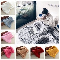 there are many different knitted items on the bed and one is using a laptop