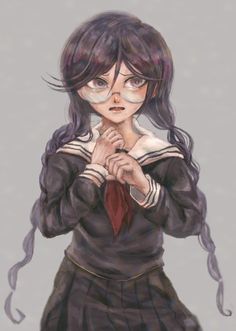 a drawing of a girl with long hair and glasses holding her hands to her chest