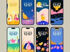 six phone cases with different designs and numbers on them, all showing the same time