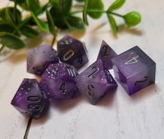 purple and black dice sitting on top of a white table next to a green plant