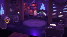 a living room filled with furniture and bookshelves covered in purple lights at night