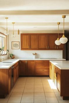 a kitchen with wooden cabinets and white counter tops