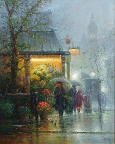 a painting of people walking in the rain with umbrellas