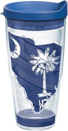 a blue and white plastic cup with the flag of south carolina painted on it