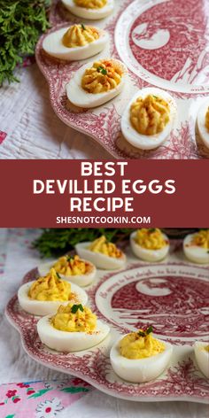 deviled eggs on a red and white platter with text overlay that reads best deviled eggs recipe