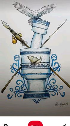 a drawing of two birds sitting on top of a blue and white cup with crossed oars