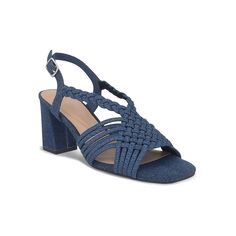 a women's blue sandal with braiding on the heel