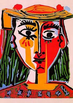 an abstract painting of a woman wearing a hat