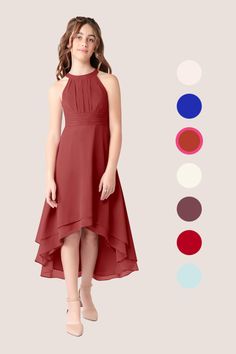 Linna is our lovely junior bridesmaid dress cut from chiffon. She features a pleated halter neckline paired with a waistband. The look is complete with a tiered high low A-line skirt. Rust Junior Bridesmaid Dresses, Jr Bridesmaid Dresses, Junior Bridesmaid Dresses Burgundy, Junior Bridesmaid Dresses Azazie, Junior Bridesmaid Dresses Jj'shouse, Mulberry Bridesmaid Dresses, Red Dresses For Kids 11-12, Junior Girl Dresses, Plus Size Bridal Dresses