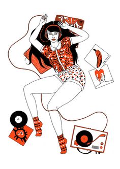 a drawing of a woman dancing with headphones and record players in her hand,