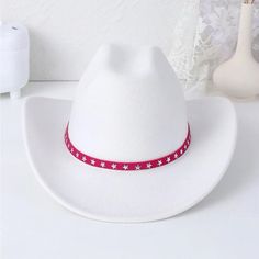 Nwot Shein Nwot Shein Cow Girl White Hat With Pink Trim And Silver Stars White Brimmed Felt Hat For Summer, White Flat Brim Felt Hat For Summer, White Felt Hat With Short Brim For Summer, White Adjustable Flat Brim Felt Hat, Adjustable White Felt Hat With Flat Brim, White Western Felt Hat For The Beach, White Wide Brim Felt Hat For Beach, White Fedora Felt Hat For Beach, White Fedora Felt Hat For The Beach