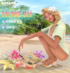 a digital painting of a woman sitting on the beach next to flowers and shoes with palm trees in the background