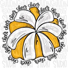 a yellow and white flower with words around it