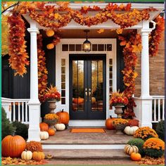 a front porch decorated with pumpkins and gourds