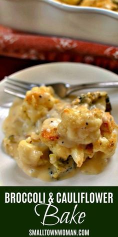 broccoli and cauliflower bake on a white plate with a fork